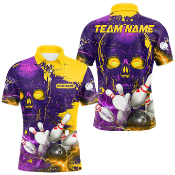 Maxcorners Purple and Yellow Lightning Thunder Storm Skull Bowling Shirts For Men Custom Bowling Team Jerseys