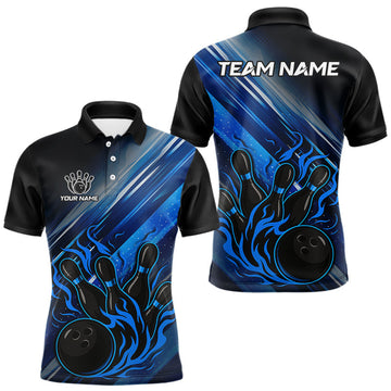 Maxcorners Black and Blue Flame Bowling Polo, Quarter Zip Shirt For Men Custom Team Mens Bowling Jerseys