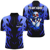 Maxcorners Bowling Ball And Pins Black And Blue Flame Skull Customized Name, Team Name 3D Polo Shirt