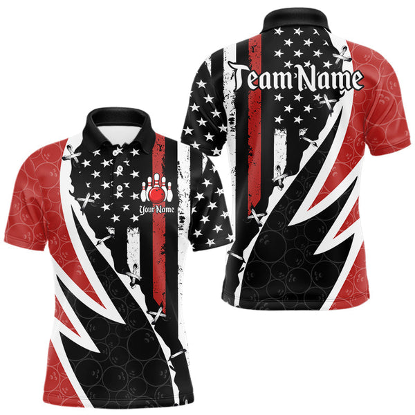 Maxcorners Red, White and Black American Flag Bowling Shirts for Men Custom Patriotic Team Bowling Jersey LM1008