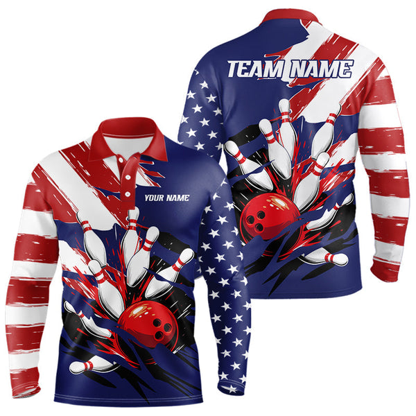 Maxcorners Red, White and Blue American flag Bowling Shirts for Men Custom Patriotic Bowling Team Outfit Uniform LM1008