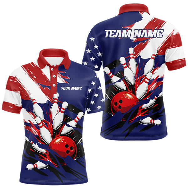 Maxcorners Red, White and Blue American flag Bowling Shirts for Men Custom Patriotic Bowling Team Outfit Uniform LM1008