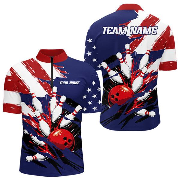 Maxcorners Red, White and Blue American flag Bowling Shirts for Men Custom Patriotic Bowling Team Outfit Uniform LM1008