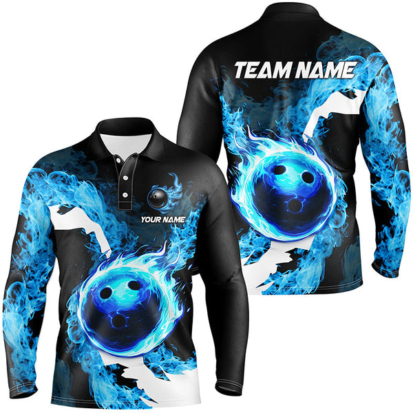 Maxcorners Blue Flame Fire Bowling Shirts Custom Bowling Team Jersey Bowling Polo & Quarter-Zip Shirts