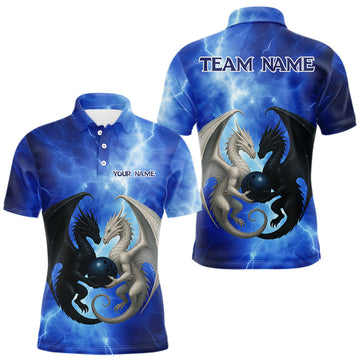 Maxcorners Black And White Dragon Blue Lightning Thunder Custom Bowling Shirt For Men, Dragon Bowling Team Shirt LM1903