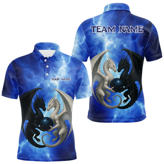 Maxcorners Black And White Dragon Blue Lightning Thunder Custom Bowling Shirt For Men, Dragon Bowling Team Shirt LM1903