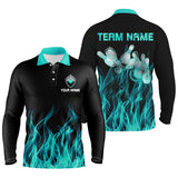 Maxcorners Personalized Polo Bowling Shirt Turquoise Flame Bowling Ball Pins Bowling Jerseys For Men And Women Bowler