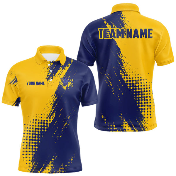 Maxcorners Custom Blue and Yellow Strike Bowling Shirts Men Polo, Quarter Zip Bowling Team Jersey Bowling League MT0811
