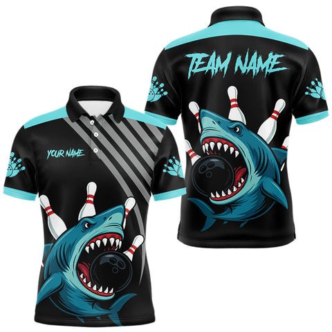 Maxcorners Funny Cyan Blue Shark Men Bowling Polo, Quarter Zip Shirts Custom Team Shark Bowling Outfit Jersey MT0811