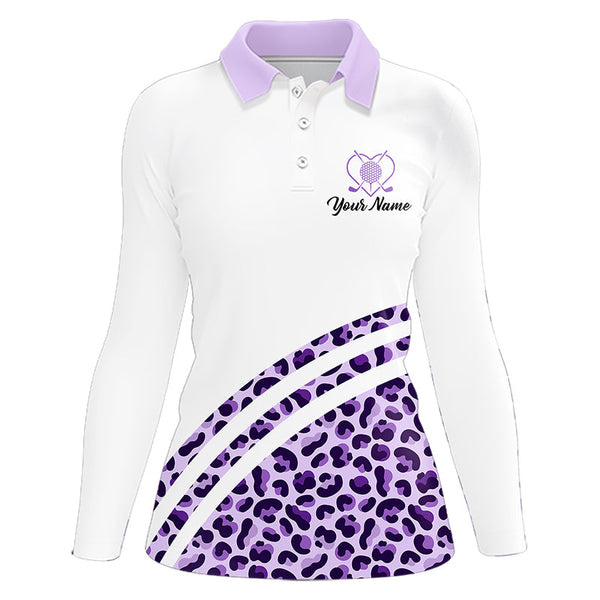 Maxcorners Purple leopard white Mens golf polo shirts custom name golf tops for mens, unique golf gifts