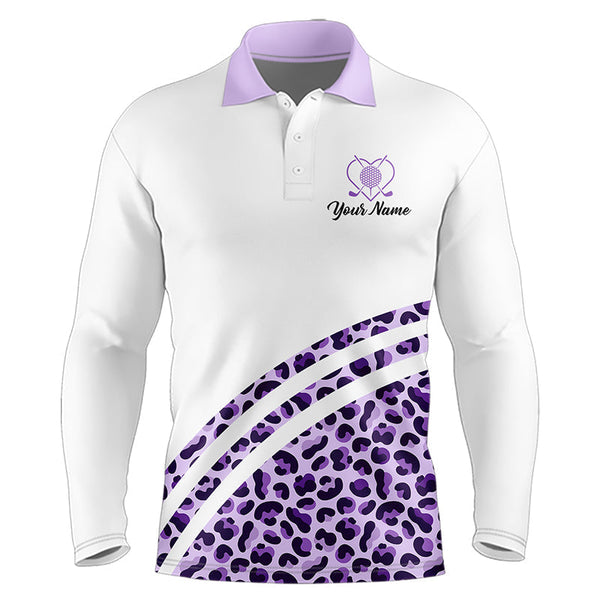 Maxcorners Purple leopard white Mens golf polo shirts custom name golf tops for mens, unique golf gifts