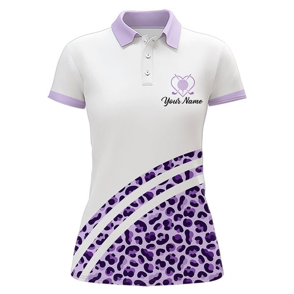 Maxcorners Purple leopard white Mens golf polo shirts custom name golf tops for mens, unique golf gifts