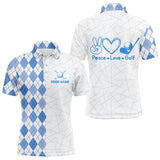 Maxcorners Blue Argyle Pattern Mens Golf Polo Shirts Custom Peace Love Golf Team Jerseys, Golf Attire For Men