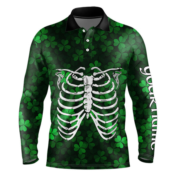 Maxcorners Green shamrock pattern funny Skeleton Mens golf polo shirts custom St Patrick Day golf attire for men