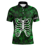 Maxcorners Green shamrock pattern funny Skeleton Mens golf polo shirts custom St Patrick Day golf attire for men