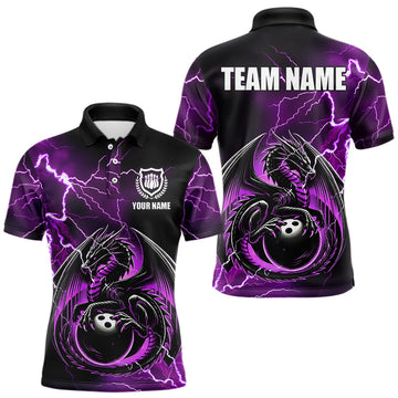 Maxcorners Personalized Black And Purple Thunder Lightning Dragon Bowling Shirts For Men, Bowling Team Uniform