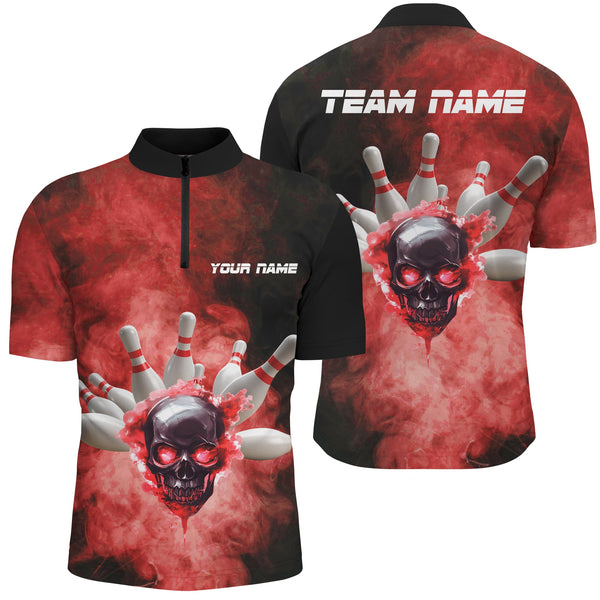 Maxcorners Black And Red Smoke Skull  Bowling Jersey Customized Name, Team Name 3D Shirt