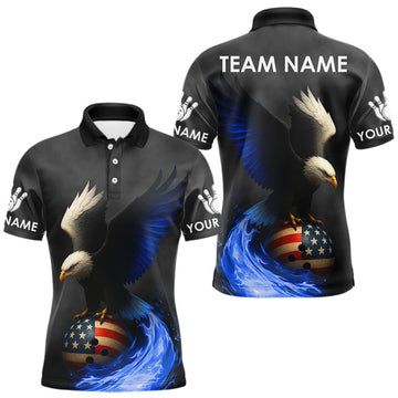 Maxcorners Black and White Eagle Blue Flame American Flag Bowling Shirt For Men Custom Team Bowling Jersey LM2603