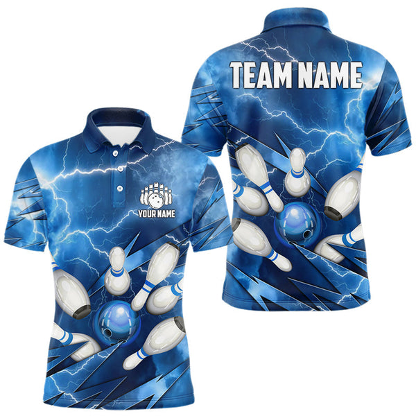 Maxcorners Blue Lightning Thunder Bowling Shirts For Men Custom Bowling Team League Jersey, Gift For Bowlers TU1410