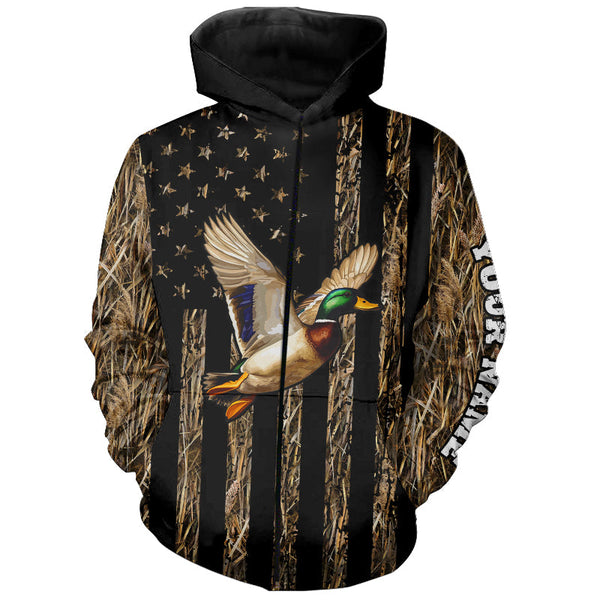 Maxcorners Duck Hunting Camo American Flag Customize Name Patriotic Duck Hunting 3D All Over Printed Shirts