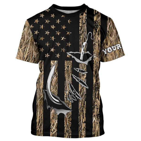 Maxcorners Personalized American Flag Camo Fishing Jerseys, Fish hook camo patriotic Long Sleeve Fishing Shirts MT2108