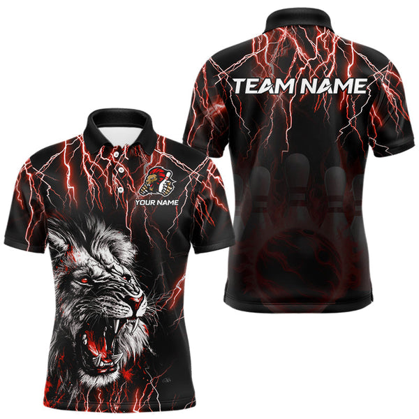 Maxcorners Black and Red Lightning Thunder Lion Bowling Shirt For Men Custom Lion Bowling Team Jerseys MT0811