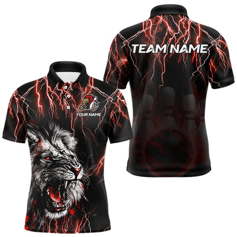 Maxcorners Black and Red Lightning Thunder Lion Bowling Shirt For Men Custom Lion Bowling Team Jerseys MT0811