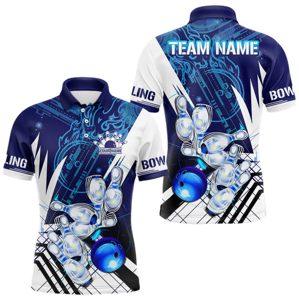 Maxcorners Blue And White Custom Flame Bowling Polo, Quarter-Zip Shirts For Men, Team Bowling League Jersey LM0803