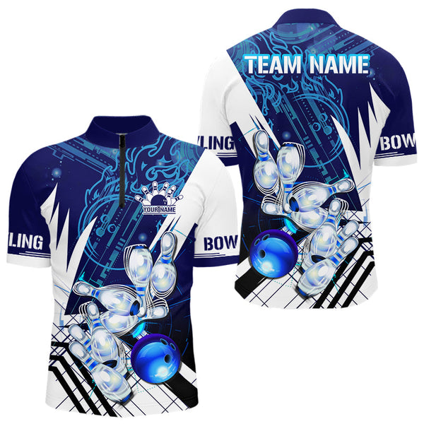 Maxcorners Blue And White Custom Flame Bowling Polo, Quarter-Zip Shirts For Men, Team Bowling League Jersey LM0803