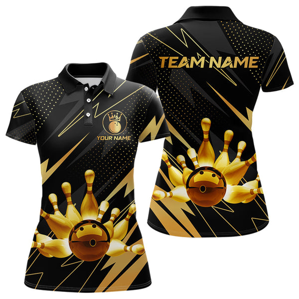 Maxcorners Custom Black And Gold Bowling Polo, Quarter Zip Shirts For Men, Team Bowling League Jersey LM0803