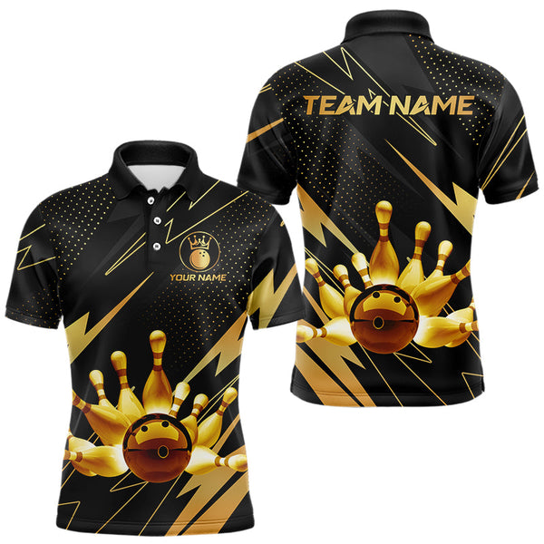 Maxcorners Custom Black And Gold Bowling Polo, Quarter Zip Shirts For Men, Team Bowling League Jersey LM0803