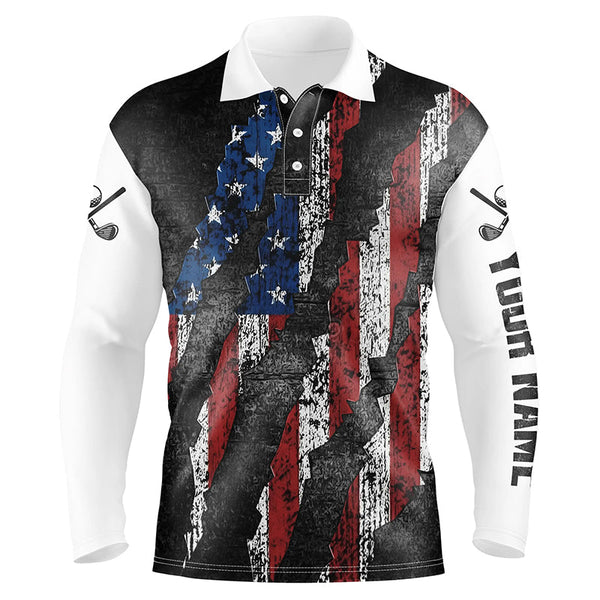 Maxcorners Black and White Grunge American Flag Men golf polo shirts custom Patriotic golf apparel for men