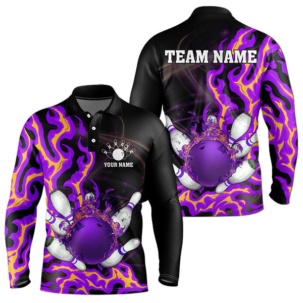 Maxcorners Purple Flame Fire Bowling Polo Shirts For Men And Women Custom Bowling Team Shirts, Gift For Bowler
