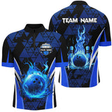 MaxCorners Bowling And Pins Blue Triangle Pattern Flame Customized Name, Team Name 3D Stand Collar Zipper Polo Shirt For Men