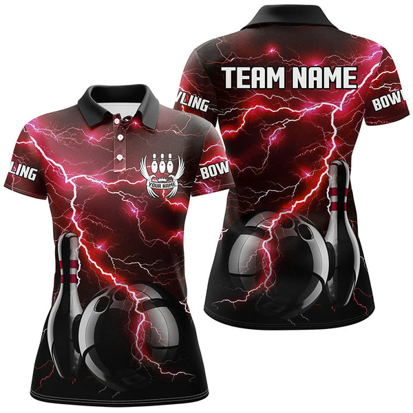 Maxcorners Red Lightning Thunder Black Bowling Polo, Quarter zip Shirt custom storm bowling team jersey