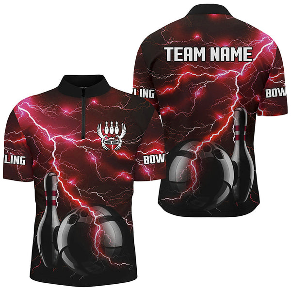 Maxcorners Red Lightning Thunder Black Bowling Polo, Quarter zip Shirt custom storm bowling team jersey