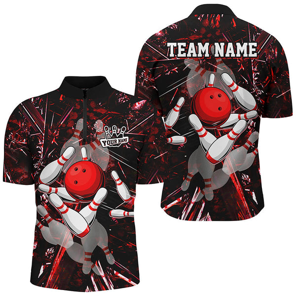 Maxcorners Red Crack Camo Bowling Polo, Quarter zip Shirt custom bowling team jerseys, bowling league shirts