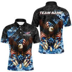 Maxcorners Black and Blue Camo American Flag Eagle Bowling Shirts For Men Custom Patriotic Team Bowling Jersey LM1109