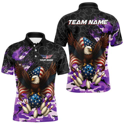 Maxcorners Black and Purple Camo American Flag Eagle Bowling Shirts For Men Custom Patriotic Team Bowling Jersey 1 LM1109