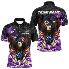 Maxcorners Black and Purple Camo American Flag Eagle Bowling Shirts For Men Custom Patriotic Team Bowling Jersey LM1109
