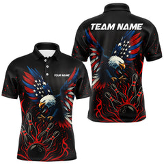 Maxcorners Black and Red Flame American Flag Eagle Bowling Shirts For Men Custom Patriotic Bowling Team Jersey LM1610
