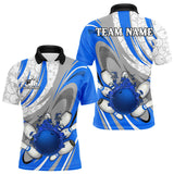 Maxcorners White And Blue Flame Camo Bowling Polo, Quarter Zip Shirt For Men Custom Bowling Team Jersey