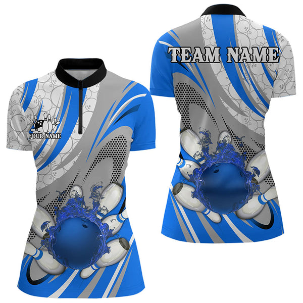 Maxcorners White And Blue Flame Camo Bowling Polo, Quarter Zip Shirt For Men Custom Bowling Team Jersey