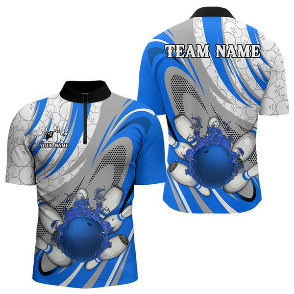 Maxcorners White And Blue Flame Camo Bowling Polo, Quarter Zip Shirt For Men Custom Bowling Team Jersey