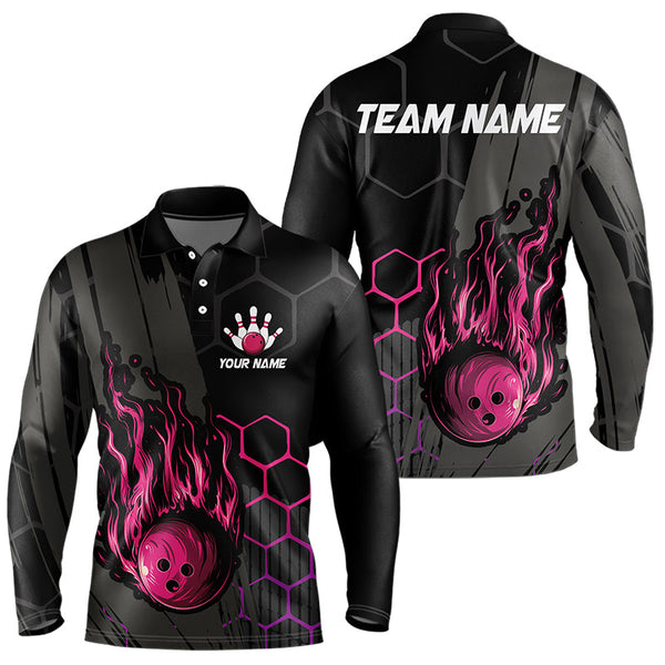 Maxcorners Black And Pink Flame Bowling Shirts For Men And Women Custom Bowling Team League Jersey, Gift For Bowlers