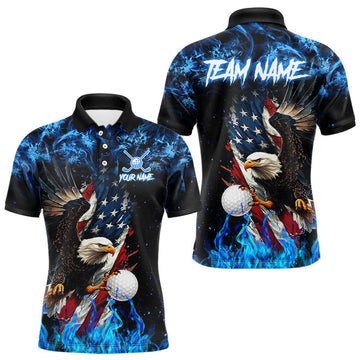 Maxcorners Blue Flame American Flag Eagle golf polo shirts for Men Custom patriotic mens golf outfit LM1202