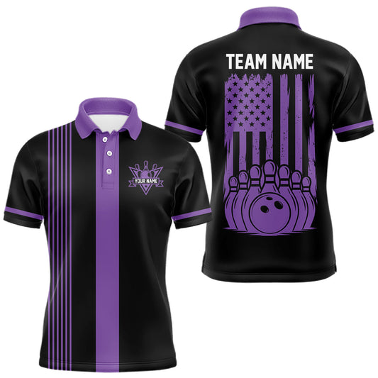 Maxcorners Custom Black and Purple American Flag Retro Bowling Team Shirts For Men, Patriotic Bowling Outfits LM1202