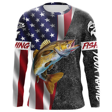 Maxcorners Personalized Walleye Fishing Jerseys, Custom American flag Walleye Long sleeve, Long Sleeve Hooded LM0501