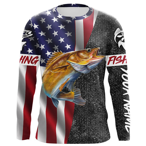 MaxCorners American Flag Walleye Fishing  Customized Name 3D Long Sleeve Shirt