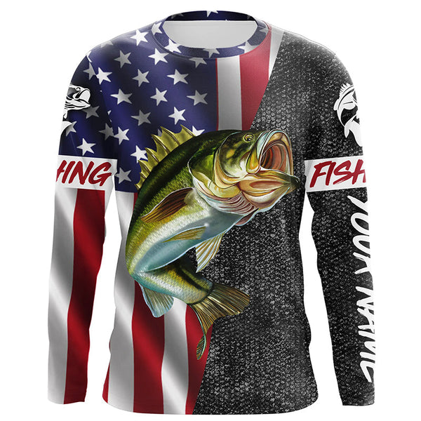 MaxCorners Bass Fishing American Flag  Customized Name 3D Long Sleeve Shirt